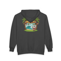 Load image into Gallery viewer, Christmas Santa Surf Zip-Up Hoodie – Island Holiday Surfing Santa Graphic
