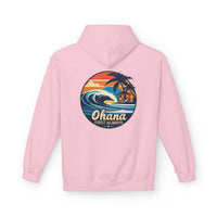 Load image into Gallery viewer, Ohana Surf Hoodie — &quot;Ohana First Always&quot; Tropical Beach Pullover

