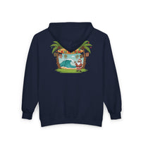 Load image into Gallery viewer, Christmas Santa Surf Zip-Up Hoodie – Island Holiday Surfing Santa Graphic
