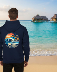 Load image into Gallery viewer, Ohana Surf Hoodie — &quot;Ohana First Always&quot; Tropical Beach Pullover
