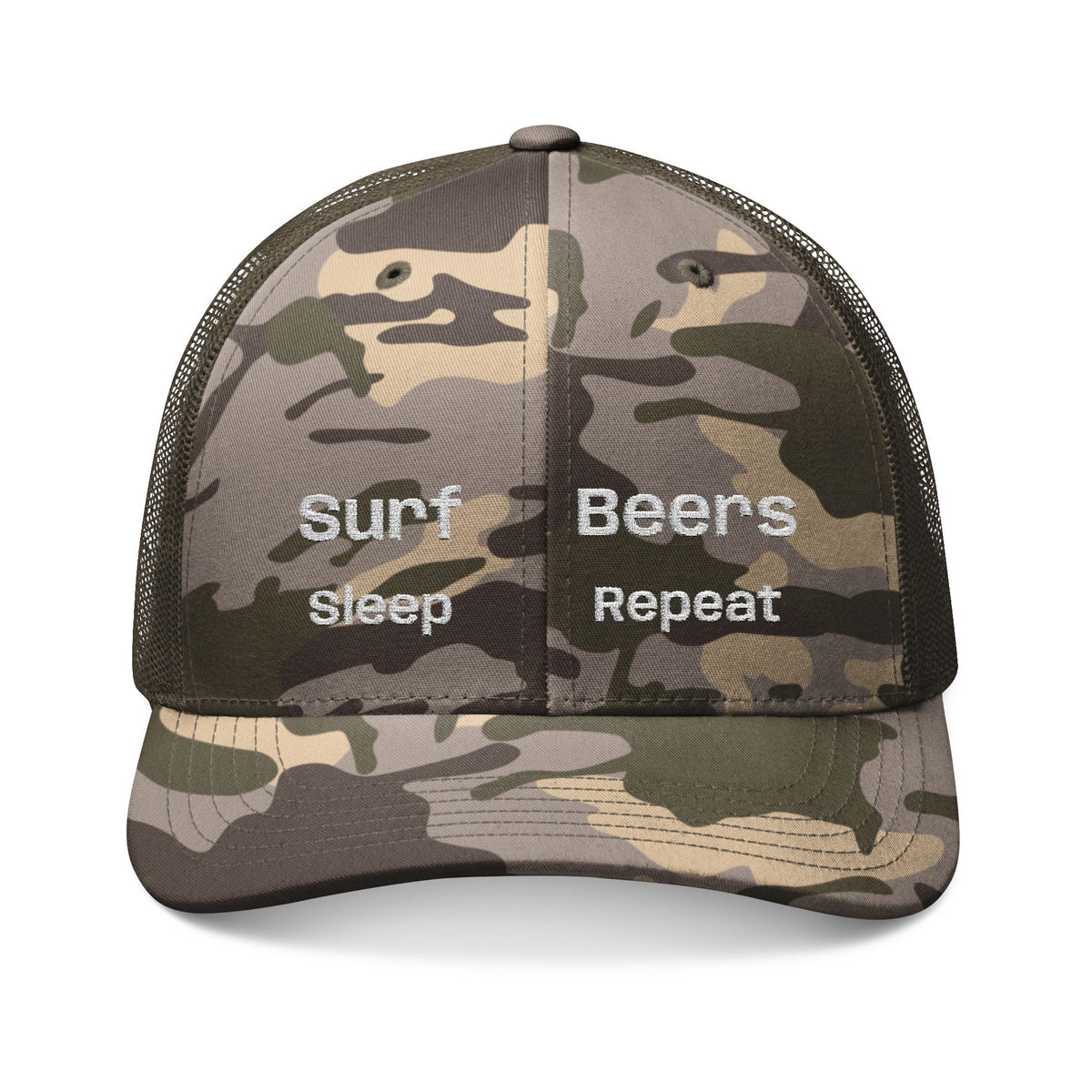 Embroidered Camouflage Trucker Hat - A-frame Barrell, Brew Lover, Nap Enthusiast